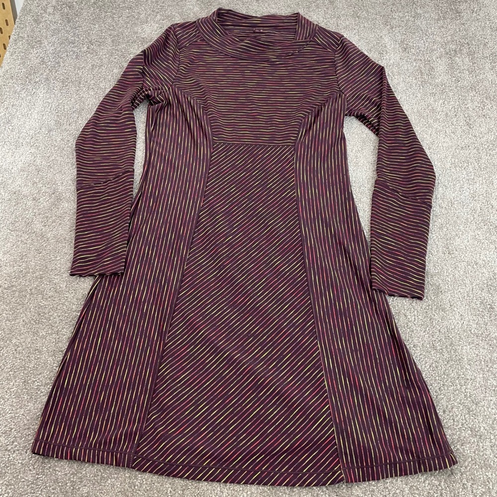 Prana Dress Womens Medium A Line Striped Mock Neck Stretch Long Sleeve Plum